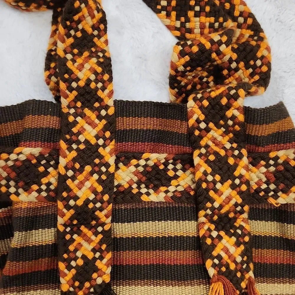 Handwoven Boho Woven Bucket Crossbody Bag Tribal Stripe Wood Bead Tassels - Picture 7 of 10